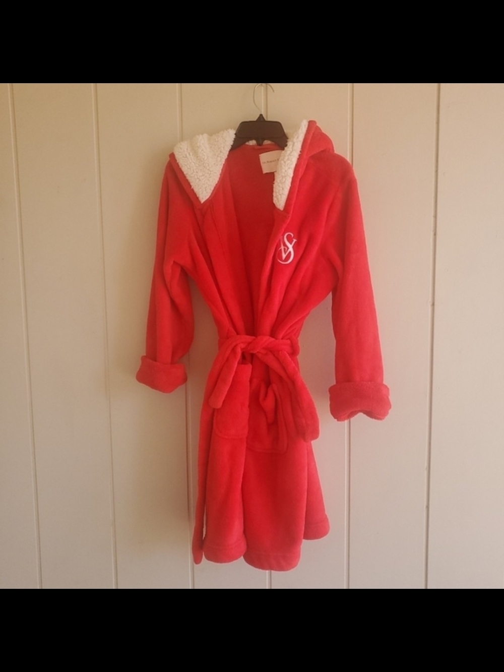Victoria's Secret Plush Robe Cozy Short Hooded Red Large Long Sleeve